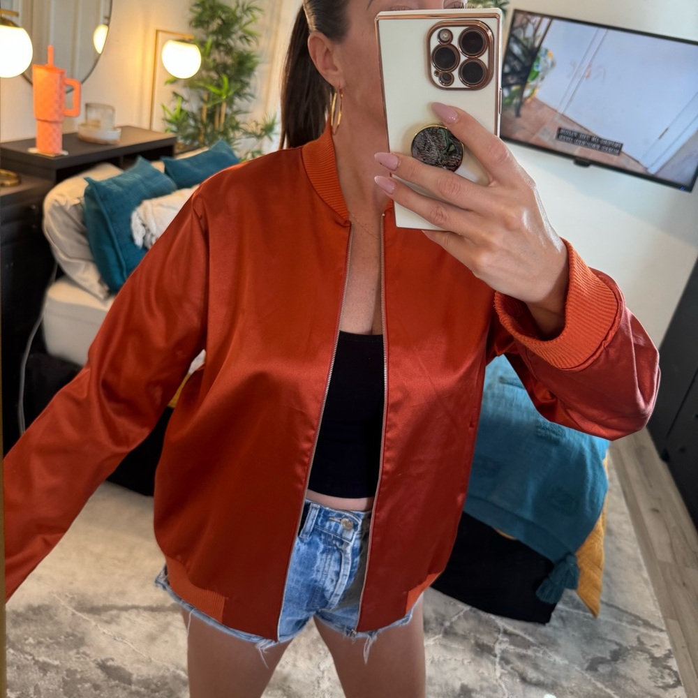 PAINTED THREADS 💕 Oversized Faux Satin Rust Orange Bomber Jacket - X-LARGE